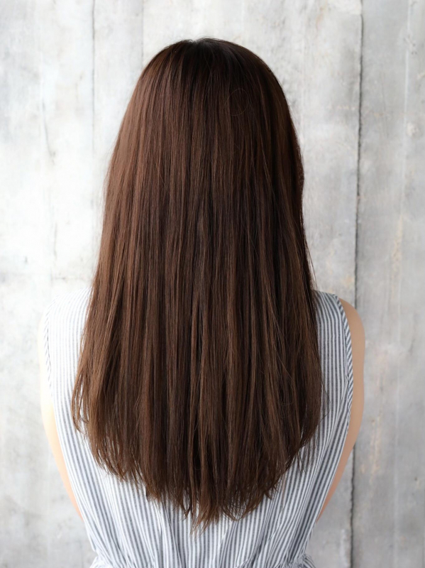 弱酸性縮毛矯正で前髪ありのナチュラルロングヘア