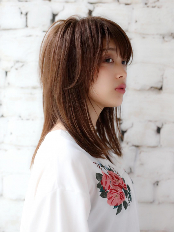 うざバング×ウェットスタイルのミディアムウルフ